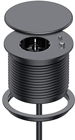Einbausteckdose mit USB C, Dinolink Steckdose Schreibtisch für 80mm Tischloch, Tischsteckdose mit Deckel, 1 Schuko, 2 USB-C Anschluss, 1,5m Netzkabel, für Möbel Tischplatte, Schwarz