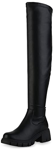 VAN HILL Damen Stiefel Overknees Leicht Gefüttert mit Blockabsatz Plateau Vorne Profilsohle