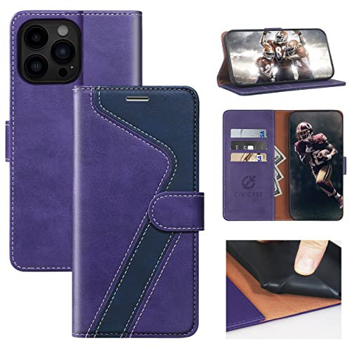 CIVICASE for iPhone 13 Pro Phone Wallet Case, Premium Leather Flip Case [RFID Blocking] Credit Card Holder Folio Magnetic Stand TPU Shockproof Cover Color Matching for iPhone 13 Pro (6.1'') Purple&