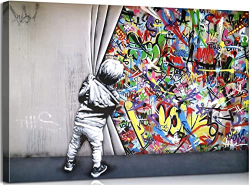 chongjian Banksy Graffiti-Gemälde Wandkunst Bilder Leinwand Behind the Curtain Graffiti Street Art Leinwandgemälde Poster und Drucke Wohnzimmer Wanddekoration (Mit Rahmen-A, 16x24inch)