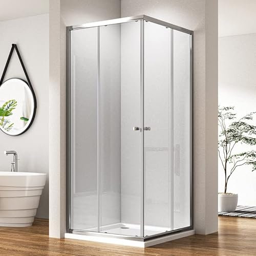 Schiebetür Eckeinstieg Duschkabine 80x80cm Silber Doppel Schiebetüren Duschabtrennung mit 5mm ESG Sicherheitsglas Glas Leichte Reinigung, Eckdusche Komplettdusche Silber Duschwand Höhe 185cm