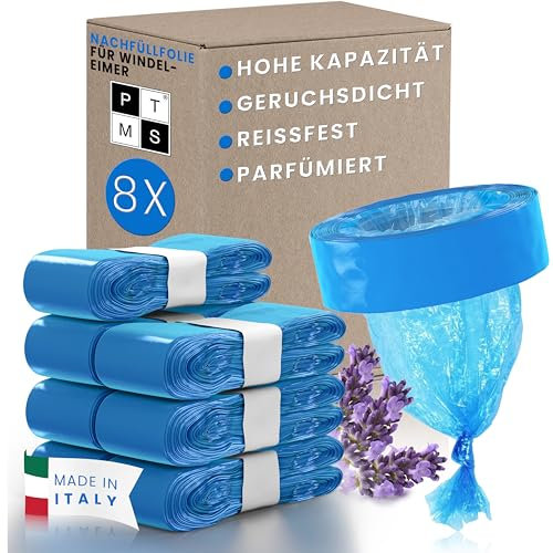 PTMS® Nachfüllfolie Windeleimer [8 Stück] Für alle gängigen Windeleimer Nachfüllkassetten - ergiebige und geruchsdichte Nachfüllfolie für Windeleimer - Windelbeutel mit Lavendelduft