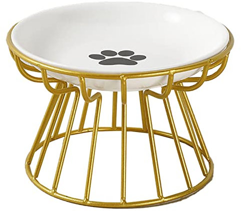 GALER Raised Cat Bowl, Food Bowl with Metal Stand, Ergonomic Plate Elevated Bowls Ceramic Anti Vomit Feeding Water Shallow Tilted Dish for Small s (Glod,Paw), Gold