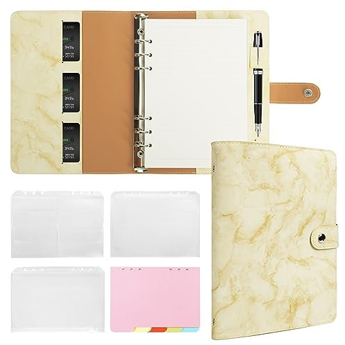 FYY Leder A5 Binder 6 Ring Binder Notizbuch - Nachfüllbares Notizbuch A5 Planer Binder mit Binder Taschen, A5 Trennblätter, A5 Nachfüllpapier, PU Leder Travel Binder Journal Cover Binder Gelbes