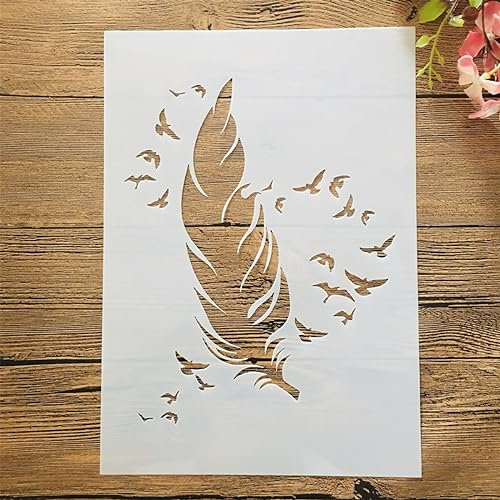 FOSANGPUSHI Pochoirs réutilisables pour peinture, format A4, 29 x 21 cm, grandes plumes et oiseaux, pochoirs de superposition pour peinture sur bois, toile, sol, mur, carrelage, tissu, meubles