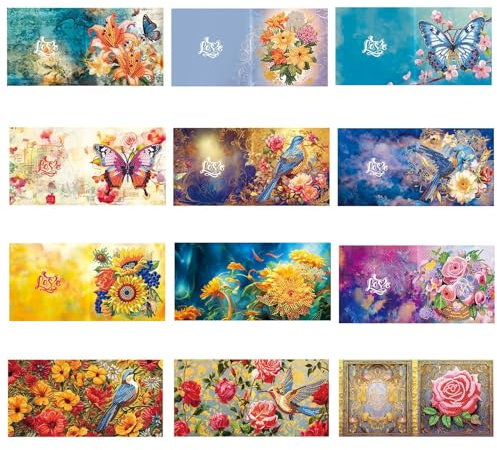 HNLMZ 5D DIY Diamond Painting Karten, 12 PCS Strass Handwerk Grußkarte,Diamant Painting Malerei Geschenkkarte Feiertags Dankeschön Handgefertigte Grußkarten für Familie, Liebhaber,Freunde