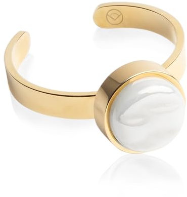 Goldring mit Stein in weiß • Offener Edelstahlring • 18k vergoldeter Edelstahl & recyceltes Glas • nachhaltiger Halbedelstein-Look • größenverstellbar (min. Ø 16 mm)