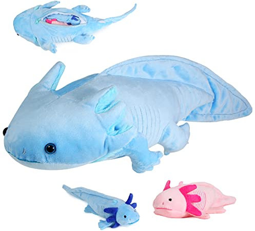 lilizzhoumax Axolotl Plüschtier mit 2 kleinen Axolotls, Simuliertes Tier 3-teiliges Weiches Axolotl Plüschtier Spielset mit Reißverschlüssen, kawaii Axolotl Plüschspie, Geschenk für Freunde und Kinder