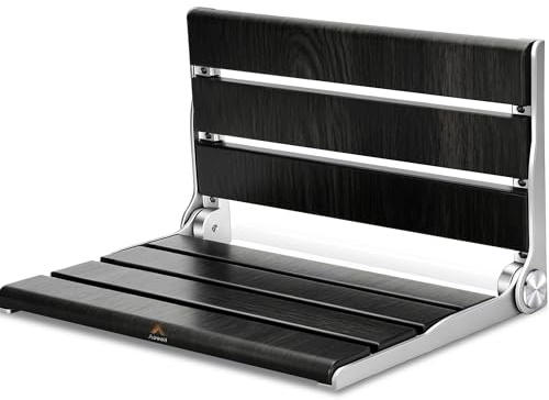Folding Shower Seat Wall Mounted,16IN Shower Benches for Inside Shower Black, Disableds, Pregnants, Maximum Load 400LB [2025 New], Teak Folding Shower Bench, Folding Shower Seat Wall Mounted