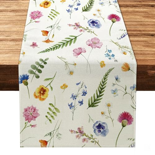 Weldomcor Tischdecke Frühling Sommer Dekorativer Tischläufer Waschbare Pflanzen Blumen Tischläufer Vintage für Esszimmer Küche Bauernhaus Hochzeit Geburtstag Party Urlaub Dekor 32x183cm