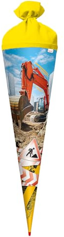 ROTH Schultüte groß Achtung Bagger 70 cm - rund, Rot(h)-Spitze, Filzverschluss - Zuckertüte, Folieneffekt