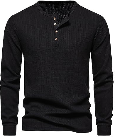 Long Sleeve T Shirt Mens Casual Henley Shirt Button Round Neck Pullover Tops Dressy Solid Colour Waffle Tees Regular-Fit Bottoming Shirt Black
