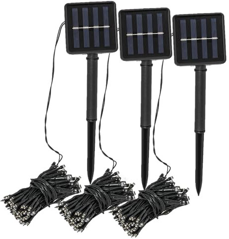 Solar Lichterkette 100 LED warmweiß Lichtsensor Außen und Innen | Wetterfeste 5m Lichterkette inkl Erdspieß | 6/10 Stunden | Weihnachten Garten Balkon Terrasse Blumen Party Fenster (3 Stück)