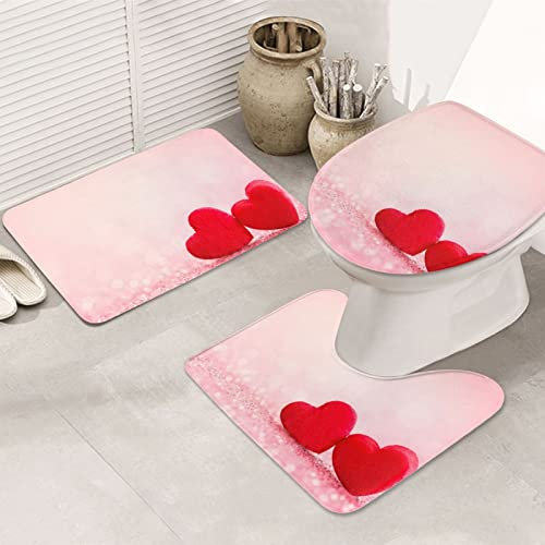 AUBKFELD Red Heart Pink Glitter Printed Flannel Anti-Slip Bath Mat Set - 3 Piece Bathroom Rugs Sets | Bath Rug + Contour Mat + Toilet Seat Cover