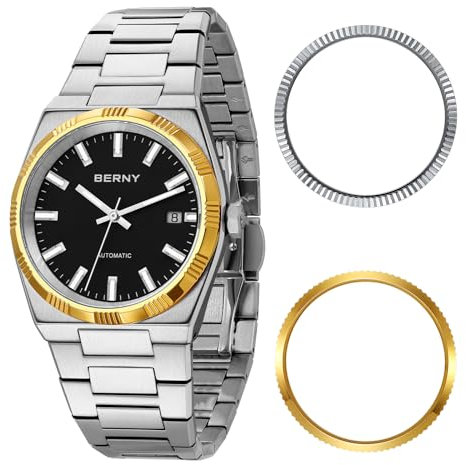 BERNY Automatische Uhren für Männer Mechanische Armbanduhr 5ATM Wasserdicht Männlich Klassische Anzug Uhren Super Leuchtend Datum Kalender Silber Uhr Kommt mit 2 zusätzlichen Lünetten