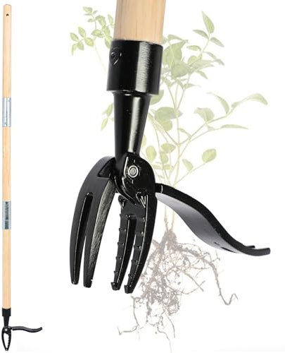 BestYiJo Désherbeur Debout,Désherbeur Manuel Longueur 100 cm,Désherbeur Télescopique 4 Dents Alliage d'aluminium et en Bois Robuste Long Manche, pour Pelouse Et Jardin arrache Mauvaise Herbe