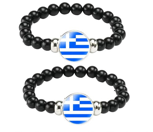ZENRUIMING 2 Greek Flags Handmade Black Beaded Stretch Rope Bracelet, Greece Tourism Souvenir Bracelet, stretchable, Glass, no inlay