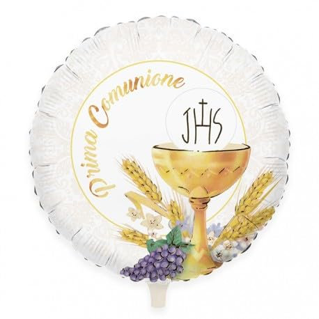 Pallone PRIMA COMUNIONE Bianco e ORO con stampa Calice e spighe e uva - PALLONCINO in foil Mylar - 45CM - gonfiabile ad aria o elio - FORNITO SGONFIO