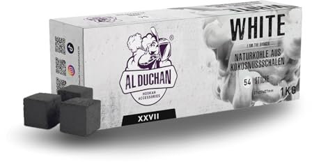 Al Duchan Shisha Kohle Naturkohle – Premium Kokoskohle für Wasserpfeife – 1KG, 4KG, 10KG, 20KG – Hohe Hitze, Lange Brenndauer (White 27x27x27mm 20KG)