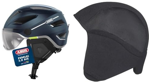 ABUS Stadthelm Pedelec 2.0 ACE - Fahrradhelm mit Rücklicht, Visier, Regenhaube, Ohrenschutz - für Damen und Herren - Blau Matt, Größe M & Winter Kit Fahrradhelm, Schwarz (Black), M