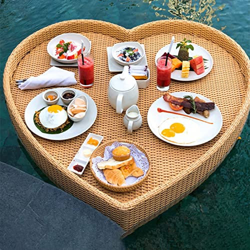 XALYXSM Vassoio galleggiante, vassoio galleggiante da piscina, tavolo da colazione galleggiante per servire buffet, porta bevande, vassoio in rattan resistente all'usura, vassoio da portata per