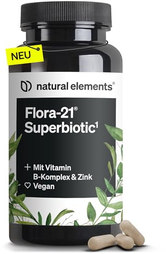 natural elements Flora 21® Superbiotic – 60 Kapseln – 4,5 Mrd. KBE Sporenbildende Bakterienstämme & Postbiotika – mit Vitamin-B Komplex und Zink – vegan, ohne unnötige Zusätze, laborgeprüfte Qualität