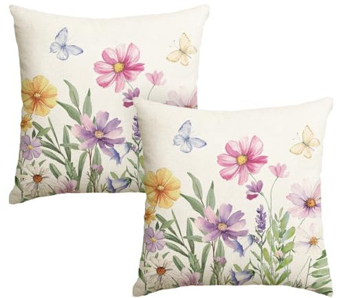 Artoid Mode Blumen Blätter Schmetterling Frühling Kissenbezüge 2er Set, 45x45 cm Sommer Saisonnal Zierkissenbezug Couch Wohnzimmer Deko