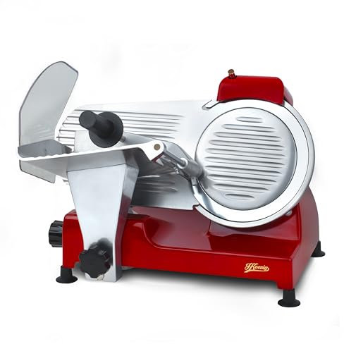 H.Koenig Elektrischer Aufschnittmaschine MSX224, professionell, präzise, Schnittstärke 0-12 mm, italienische Klinge 20 cm, integrierter Messerschärfer, breite Platte, 282 U/min, rot