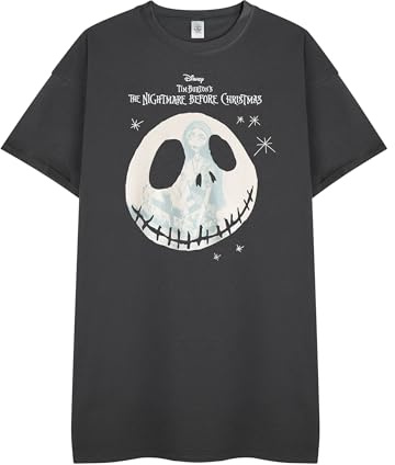 Disney Nightmare Before Christmas Sally & Jack Damen-Nachthemd-T-Shirt | Sally & Jack-Charakter-Grafik-Nacht-T-Shirt für Erwachsene in Schwarz | Damen-Schlafoberteil mit Charakter-Print