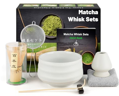 Kit de Ceremonia Japonesa del Matcha de 7 piezas, Batidora de Matcha de Bambú, Cuenco de Matcha, Cuchara, Colador, Portacucharas, Soporte para la Batidora, Juego Completo de Matcha, Blanco