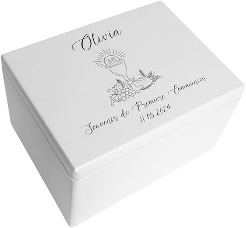Creative Deco Personnalisé Première Communion Confirmation Cadeau Boite Blanc | Boîte à Souvenirs en Bois Garçon et Fille | Personnalisés - Calice et Prière du chapelet | Personnalisable Idée Coffret