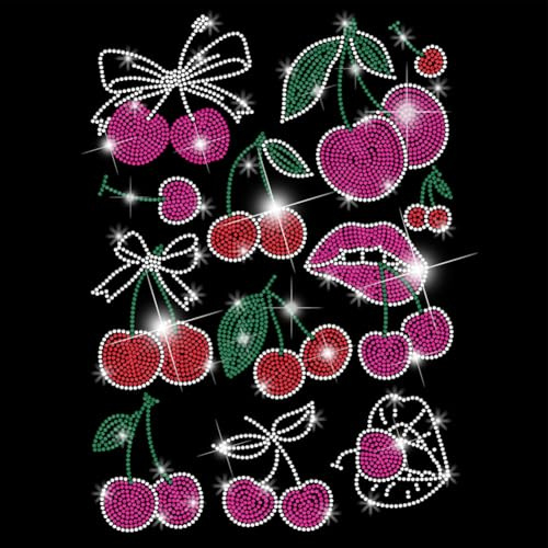 SUPERDANT Cherry Lips Iron on Rhinestones Transfer Cherry Crystal Heat Transfer Stickers Cherry Iron on Decals Bling Rhinestone Patches for Girls T-Shirt Clothing Tote Bag DIY Art Craft Gifts