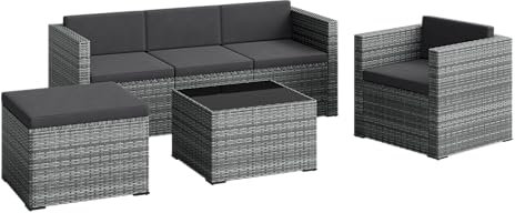 STEELSØN Polyrattan Gartenlounge Zethora, Outdoor Sitzgruppe 4-teilig, Gartenmöbel Set mit Sofa, Sessel, Hocker, Tisch, Sitzecke für bis zu 5 Personen, wetterfest, grau-meliert/anthrazit