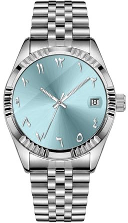 Boyarca Herren-Armbanduhr mit arabischen Ziffern, mechanisches Zifferblatt, automatisches Uhrwerk, 38 mm, Herren-Armbanduhr, Edelstahlarmband mit leuchtendem, wasserdichtem Datum, Hell, blau