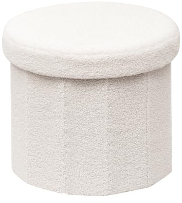PINPLUS Faltbarer Hocker mit Stauraum, Bouclé, Rund, 38x38x33.5 cm, Weiß | Dekorativer Sitzhocker, Aufbewahrungsbox mit Deckel, Fußablage, platzsparend, für Schminktisch, Schlafzimmer, Wohnzimmer