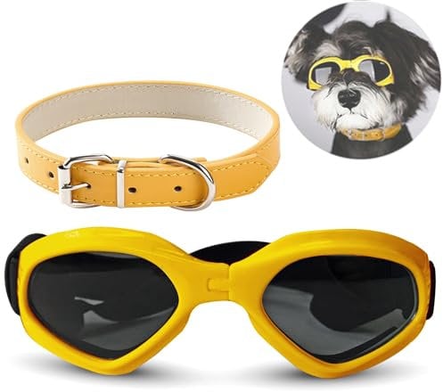 BSITSSS Hundebrille für Kleine Hunde, Hunde Sonnenbrille UV Schutzbrille, Augenschutz, Winddicht Hundesonnenbrille mit Verstellbaren zum Autofahren/Outdoor-Aktivitäten, Gelb