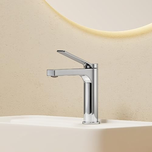EMKE Wasserhahn Bad, 19,5 x 17,3 cm, Chrom, Messing | Keramikkartusche, Mischbatterie, Wasserhahn mit Luftsprudler, Waschtischarmatur, Badarmatur, einfache Installation