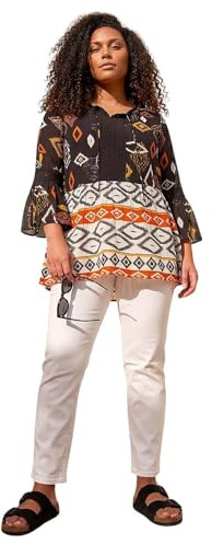 Roman Curve Ikat Print Woven Top for Women UK - Ladies Everyday Holiday Spring Summer Round Neckline Comfy Soft Evening Vacation Work Party - Plus Orange - Size 16