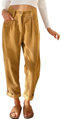 Yutdeng Corduroy Trousers for Women UK High Waisted Trousers with Elastic Waist Ladies Casual Loose Fit Baggy Trouser Straight Wide Leg Long Pants with Pockets