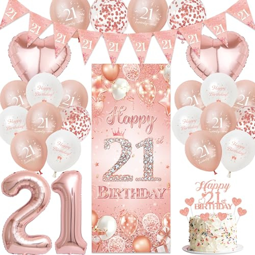 Sroeeshee 21st Birthday Decoration for Her - Rose Gold Happy 21st Birthday Banner Heart Balloons Triangle Flags, Number 40 Balloon Backdrop Cake Topper Twenty One Years Old Girl Party Decorations