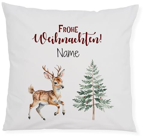 GRAZDesign Kissen mit Tannenbaum und REH Weihnachts Kissenbezug 40x40cm personalisiert mit Namen, Kuschelkissen REH Weihnachtskissen