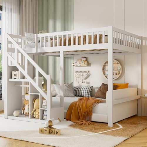 Kinderbett Etagenbett 90x200, Doppelstockbett mit Treppe, Staurau, Gitter und Rausfallschutz, Hochbett Hausbett Einzelbett, Jugendhochbett mit Lattenrost, Kiefer, Ohne Matratze (Weiß A01, 90x200)