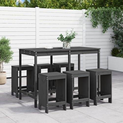 Qnhdfrt Gartenbar Set aus Massivholz Kiefer Grau 159 5 x 82 5 x 110 cm mit 6 Barhockern Ohne Lehne Robuste Tischplatte und Vielseitig für Terrasse Balkon Garten