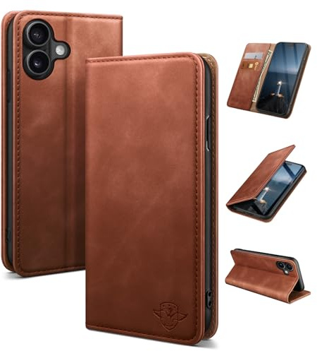 SUANDUCK for iPhone 16 6.1 phone case magnetic leather flip case with RFID-blocking card compartment, adjustable stand and 360° drop protection with Apple 16 Brown