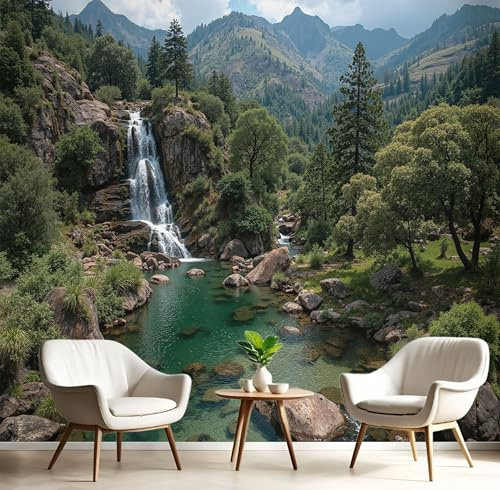 Fototapete Natürlicher Wasserfall Motivtapeten Tapete China Gebirgsketten Tapeten Vliestapete Modern Wandtapete Wohnzimmer Schlafzimmer Tapete Wanddeko 250×175cm(W×H)