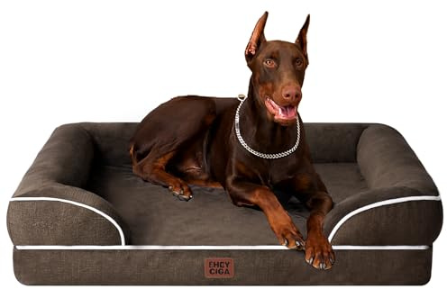 EHEYCIGA Orthopädisches Hundebett Grosse Hunde, 122x89cm, Braun | Orthopädischer Eierkistenschaum, Waschbarer und Wasserdichte Bezug, Rutschfester Boden, Reversibles Design, Atmungsaktiv