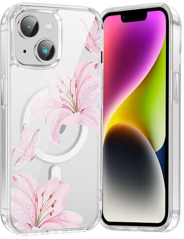Vxinvnoi Handyhülle Magnetisch für iPhone 14/iPhone 13 Hülle, Aesthetic Blumen Lilien Schmetterlinge Muster Design Transparent Schutzhülle Kompatibel mit MagSafe, Klar Case für iPhone 13 6,1'' - Rosa