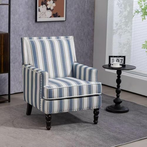 Hmluxury Vintage Sessel mit blau-weiß gestreiftem Leinenstoff und Nagelkopfeinfassung, Polster-Akzentstuhl für das Wohnzimmer, komfortabel und stabil