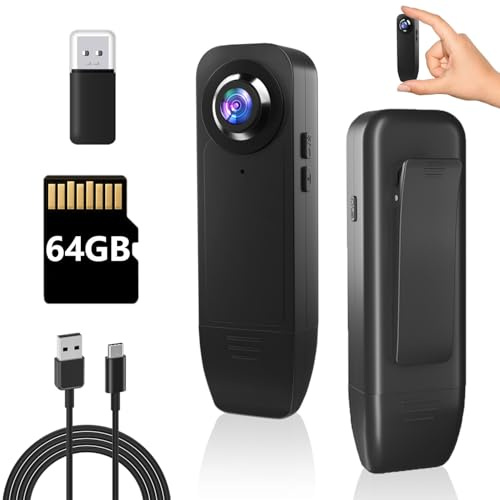 Body CAM Mini Camara Espia sin WiFi, 1080P FHD Camara Sin Necesidad de WiFi, Cámara Corporal con TF 64GB, Mini Camara Espia Bateria Larga Duracion 1000mAh con Detección de Movimiento y Visión Nocturna