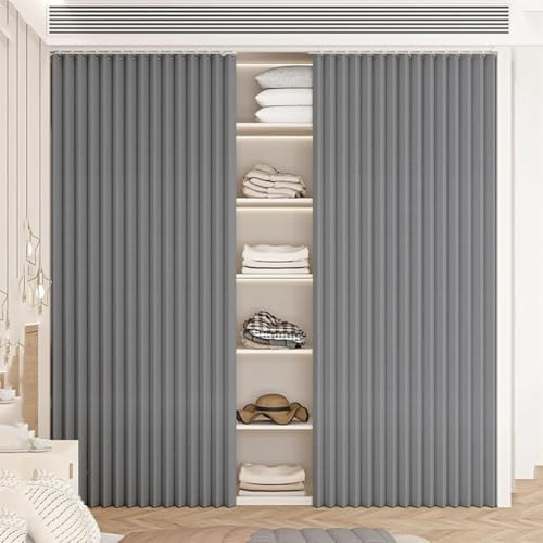 AmphaDeco SchrankVorhang zum Schieben Selbstklebend 220x230,Staubdichter Schrank Vorhang mit Schiene für Offenes Regal,Ohne Bohren, Küchenschrank Türvorhang Schatten Vorhänge,Grau